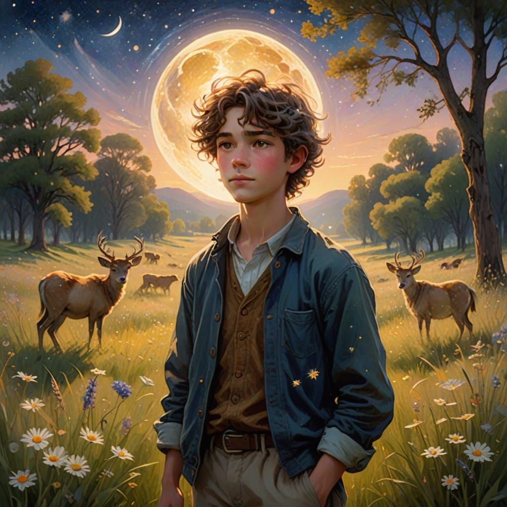 Mystical Boy in Whimsical Meadow Landscape