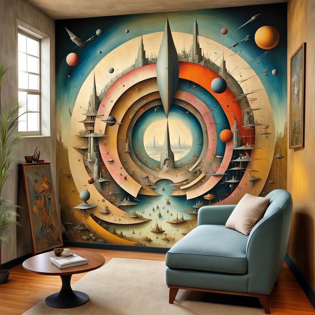 Elegant Sci-Fi Mural Painting in Art Deco Style