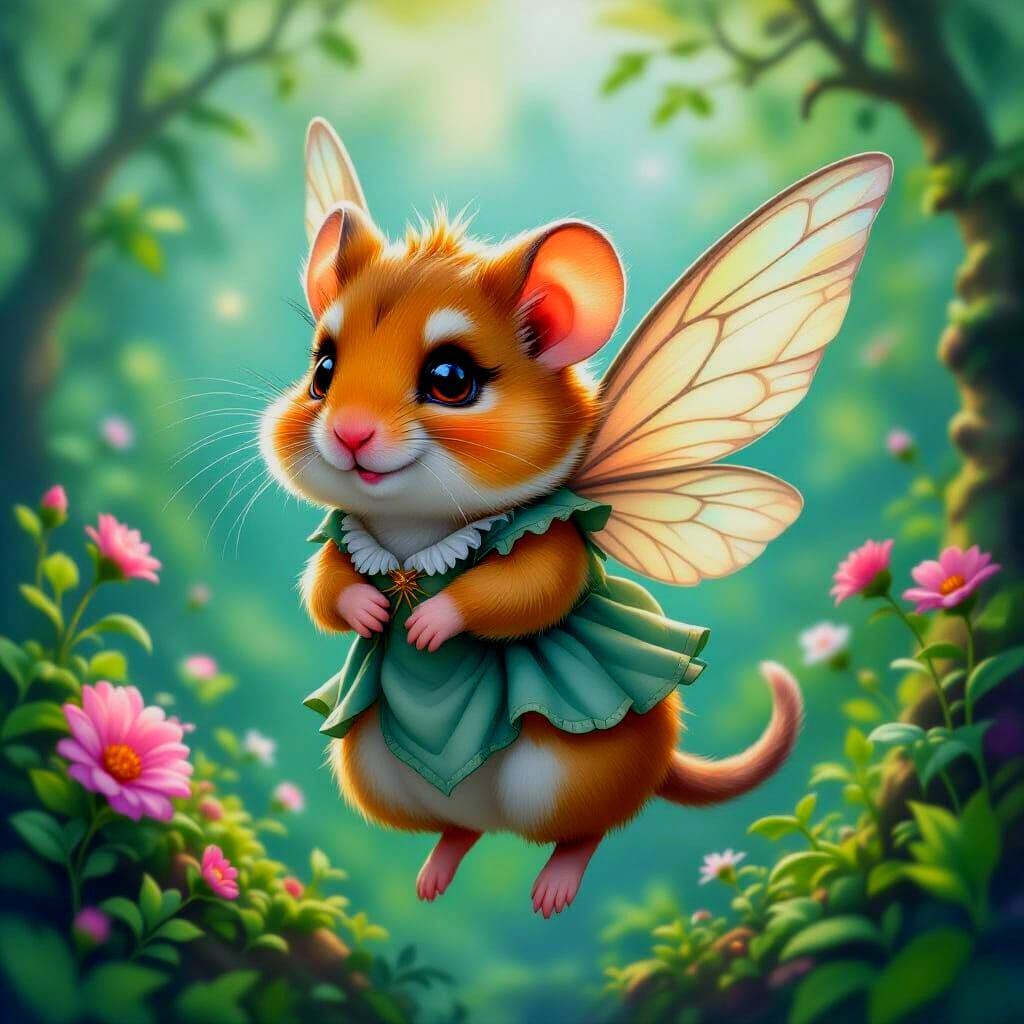 Whimsical Hamster-Faerie in Surreal Watercolour Painting