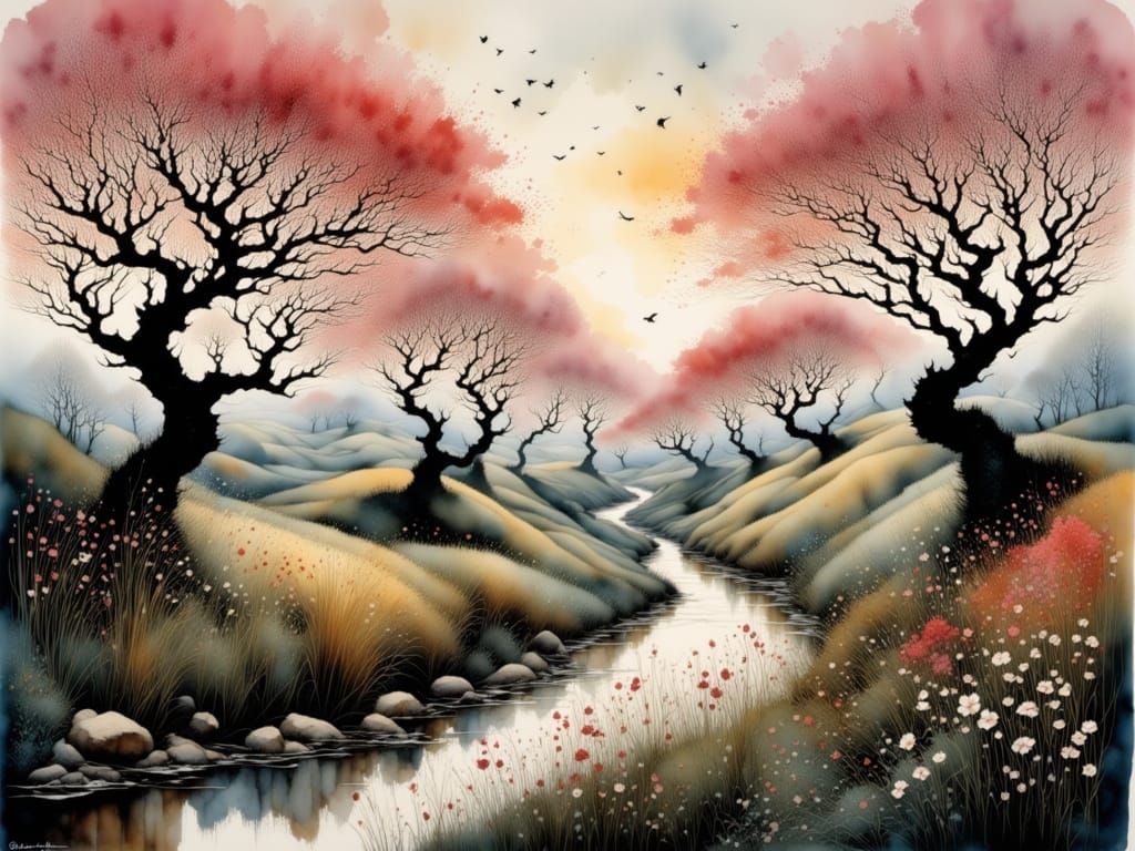 Dreamy Cherry Blossom Avenue in Watercolor Style