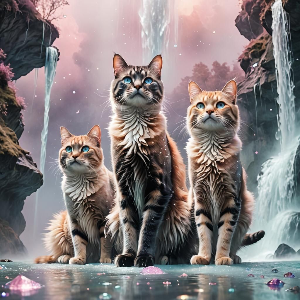 Surreal Cats at Zero-G Waterfall in Space