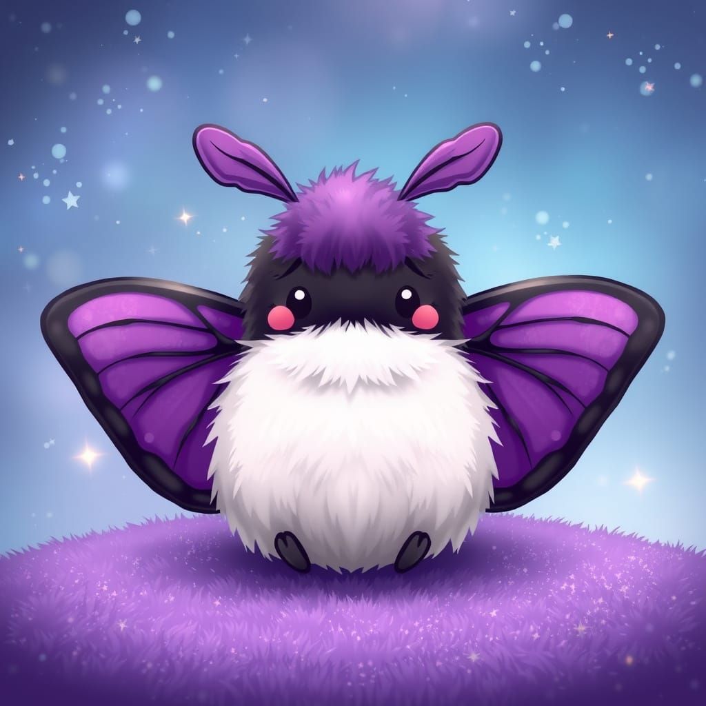 Chibi Moth Perched on a Celestial Purple Carpet
