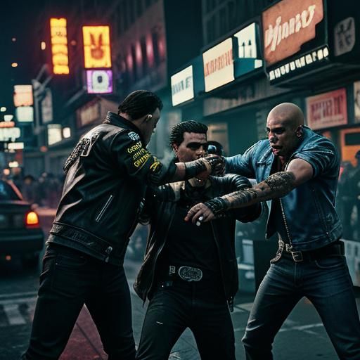 Cyberpunk Gang Fight in a Film Noir New York