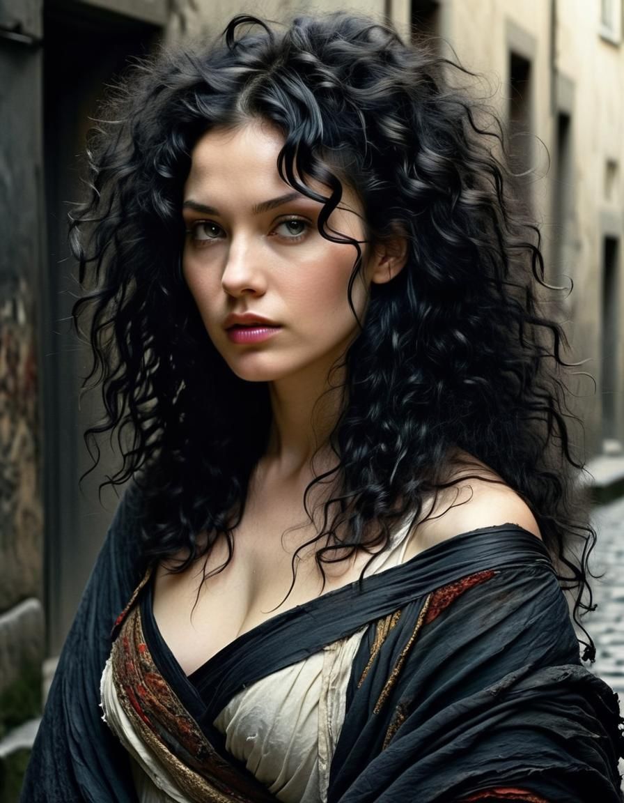 Goddess with Flowing Hair in Surreal Alley