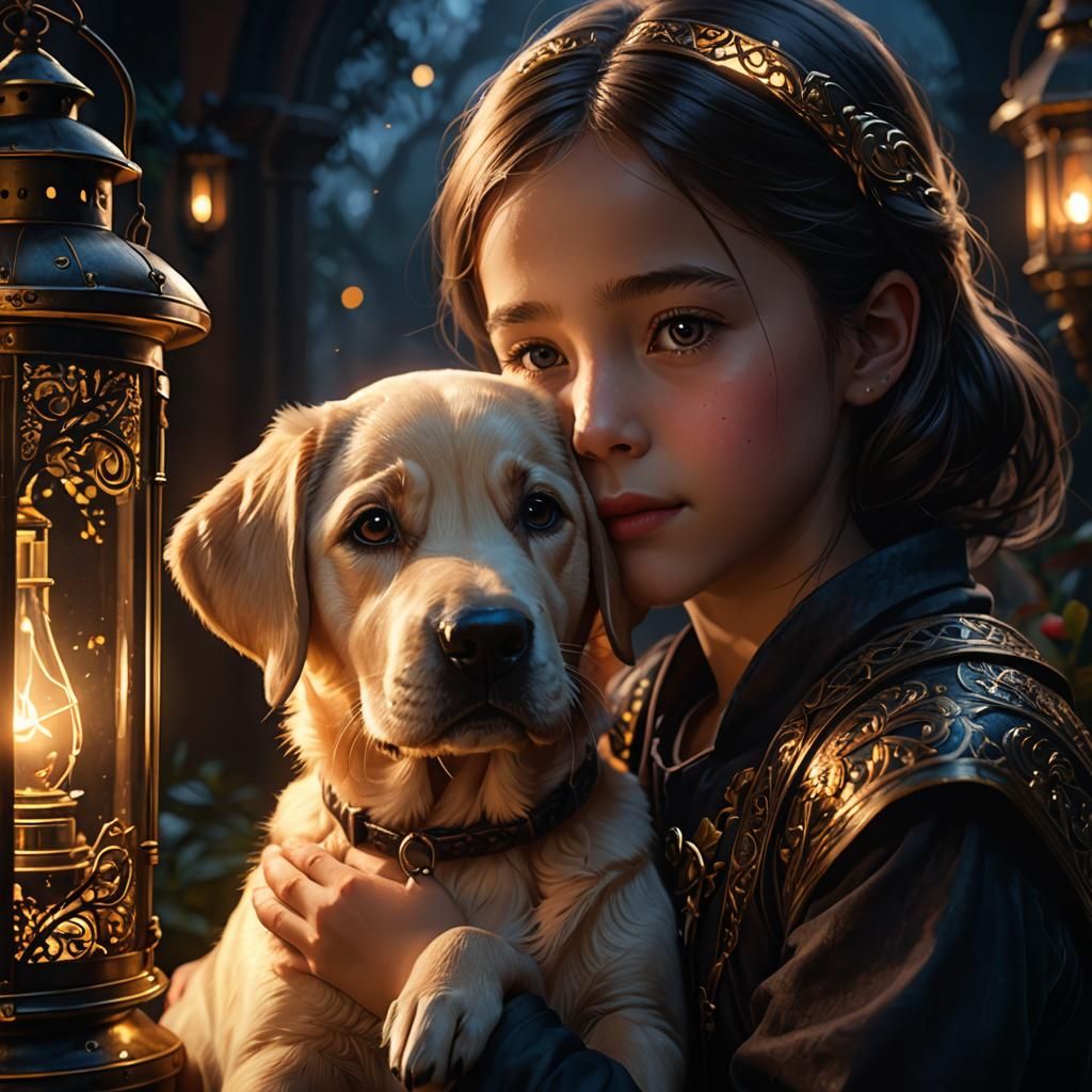 Child and Labrador Portrait with Lantern Light
