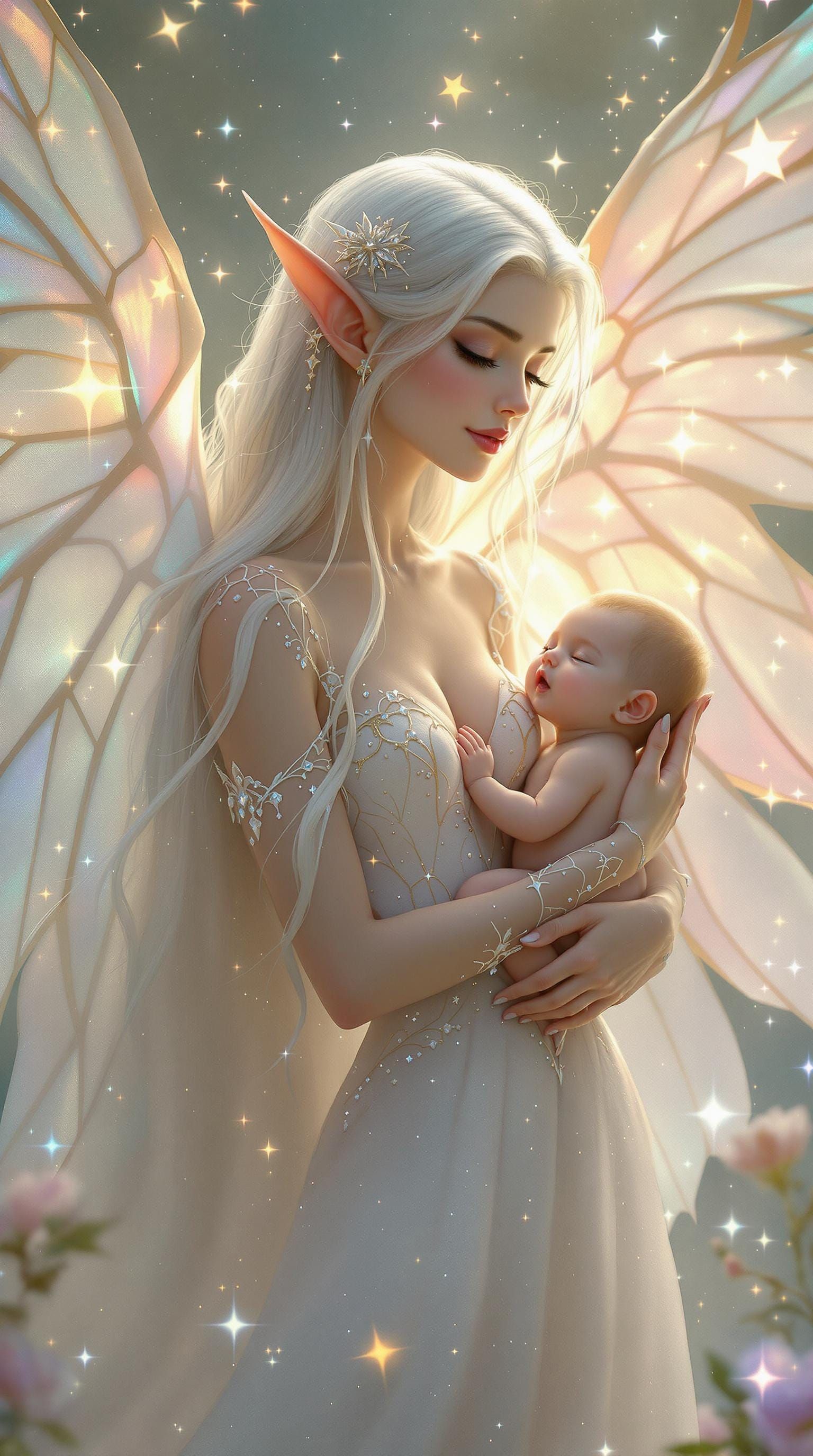 Majestic Elven Mother in Glittering Wings and Starlight Gown