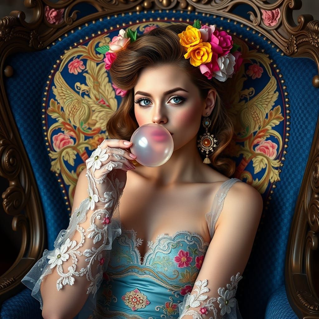 Ethereal Model Blows a Vibrant Bubblegum Bubble in a Whimsic...