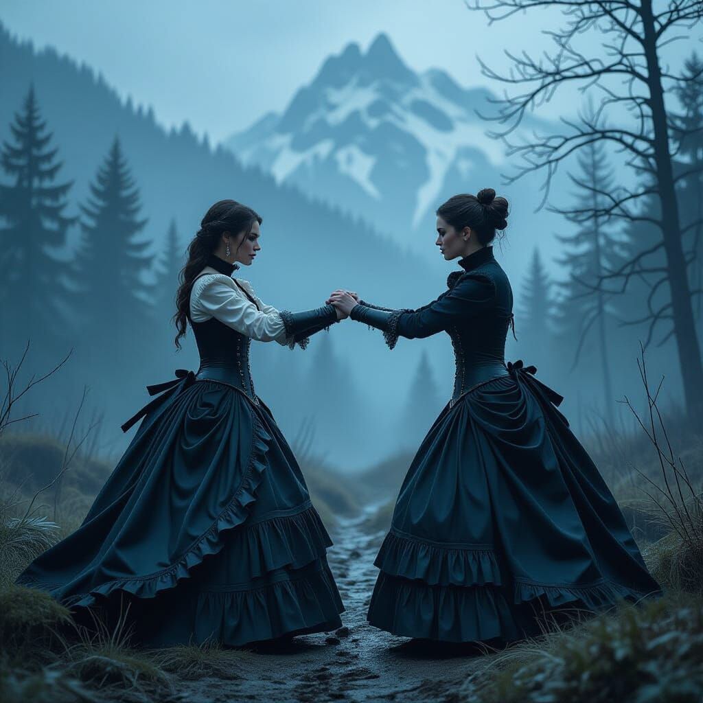 Victorian Women Brawl in Dark Gothic Forest