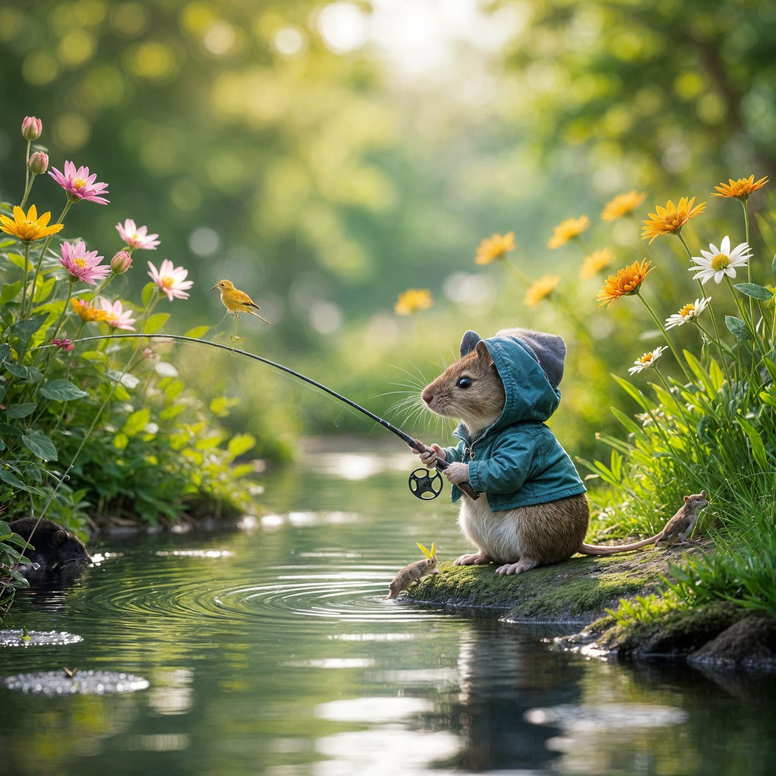 Mouse Fishing in a Vibrant Garden Pond