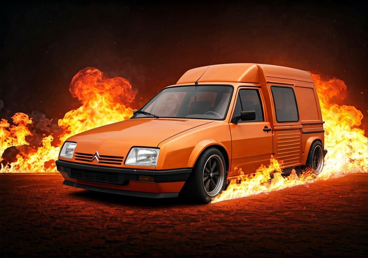 Orange Citroën C15 Hotrod Drifting Through Flames