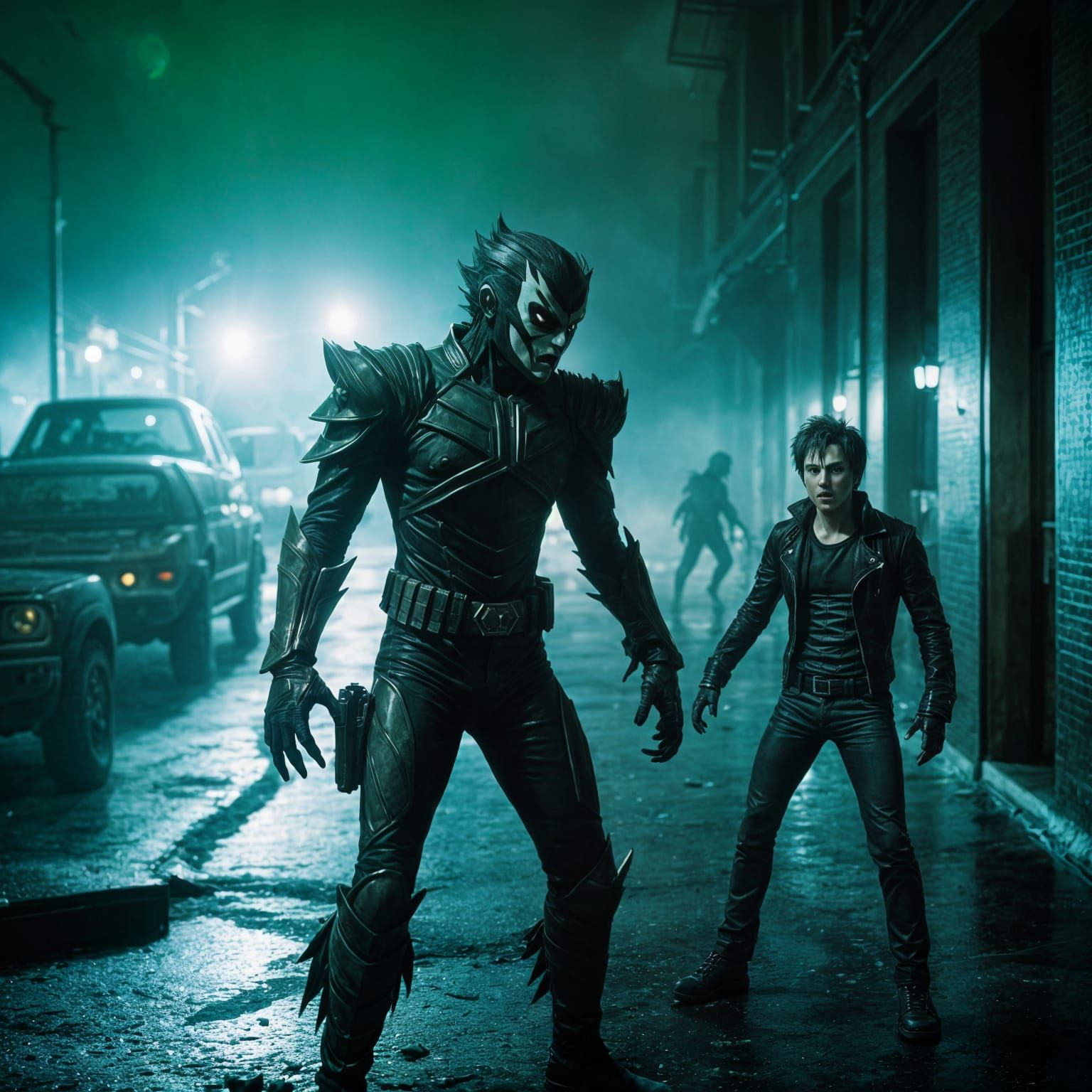 Gritty Green Psycho Ranger Battles Ryuk in Dark Alleyway
