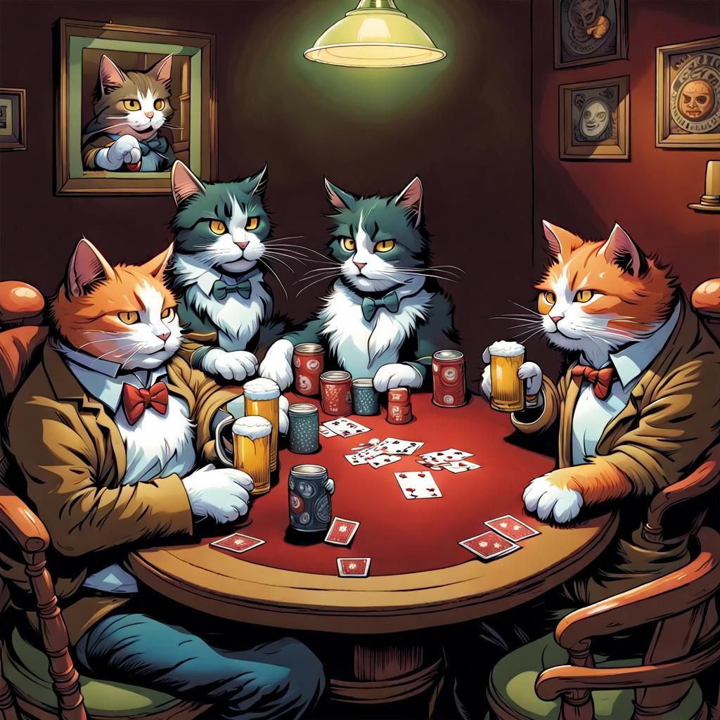 Cats Play Poker in Comic Book Style
