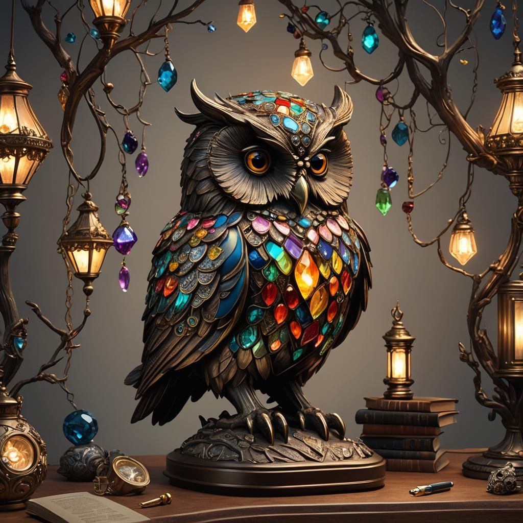 Jeweled Owl Lamp on Magical Book Desk