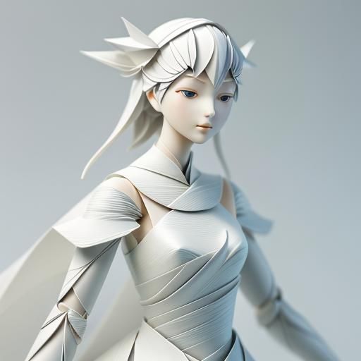 Delicate Origami Maiden Figurine in Digital Art
