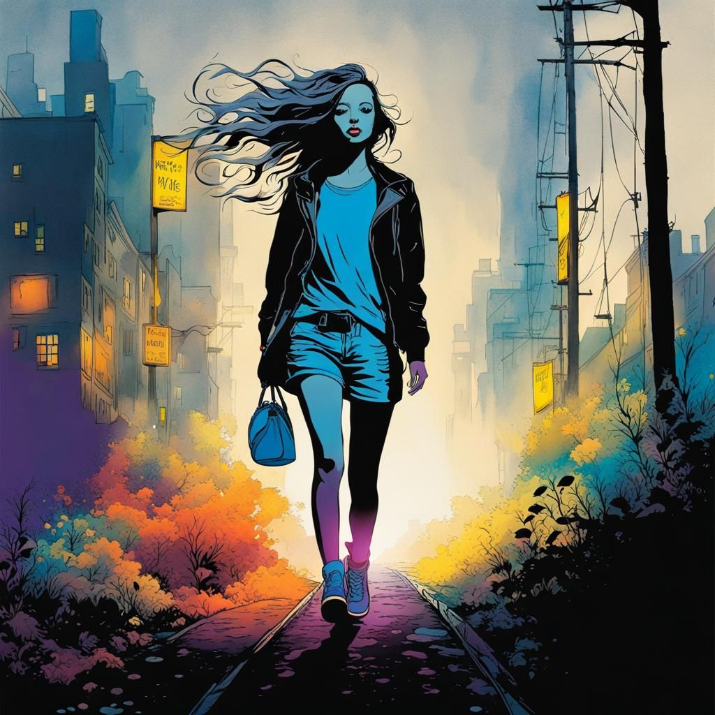 Neon Watercolor Girl with Swords in UV Forest