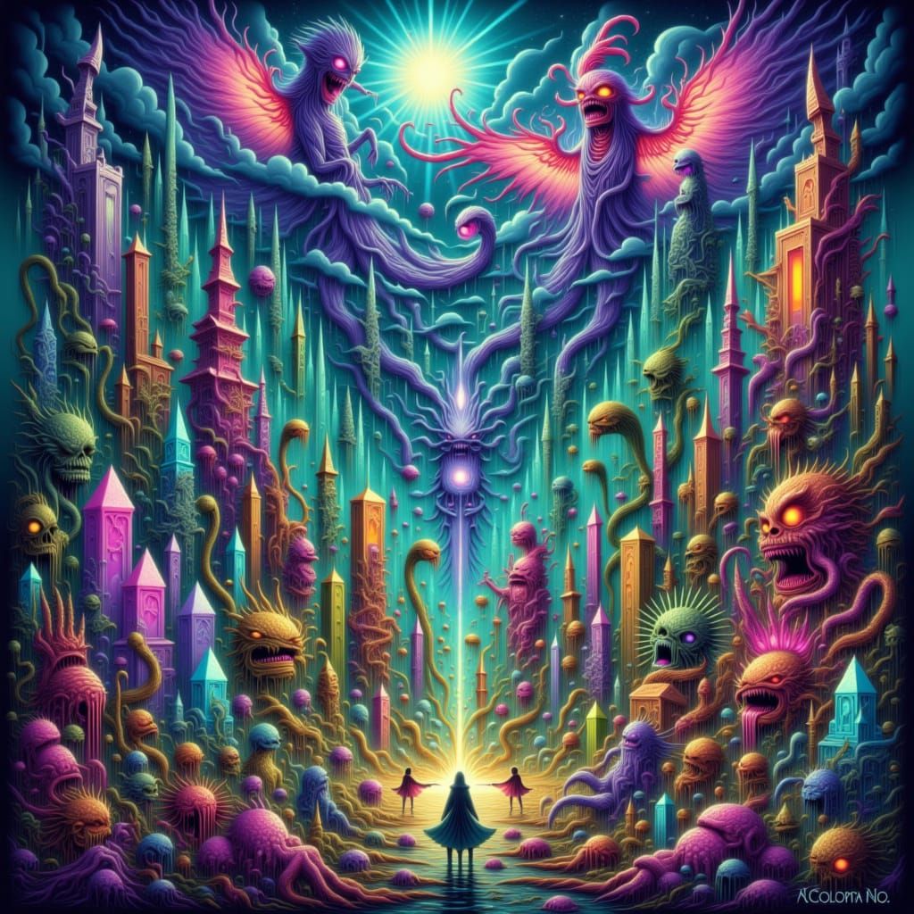 Surreal Cosmic Dreamscape with Ethereal Figures