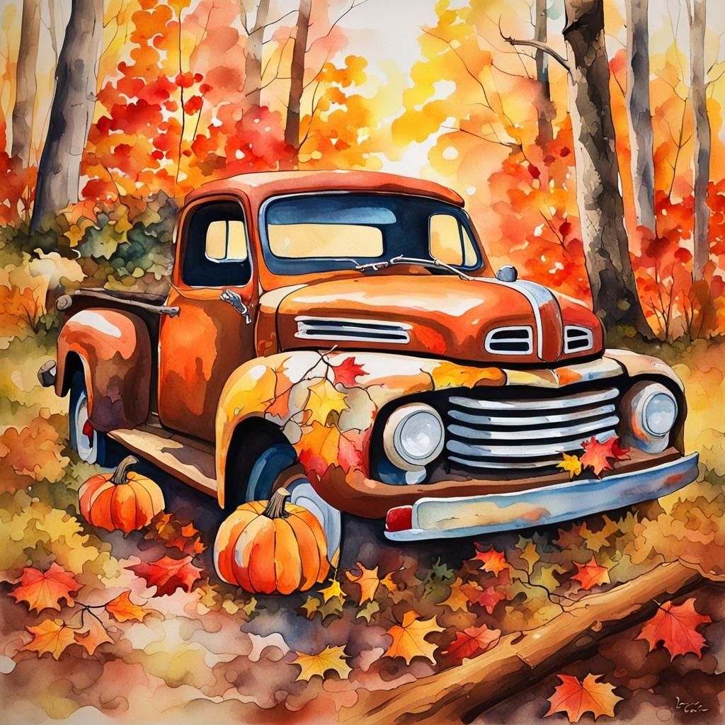 Autumn Scene with Pumpkins in Watercolor Style