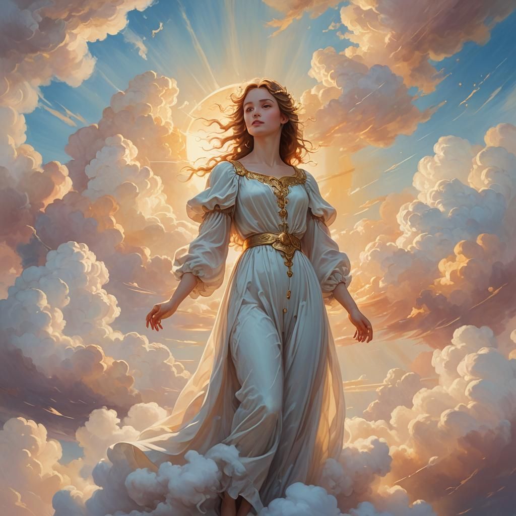Ethereal Figure in Divine Golden Light, Oil Painting