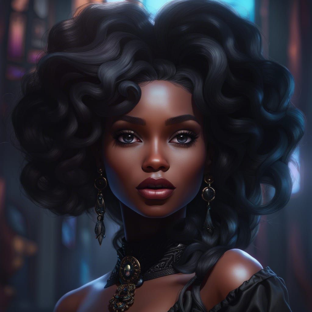 Gothic Black Barbie Portrait in Art Nouveau Style