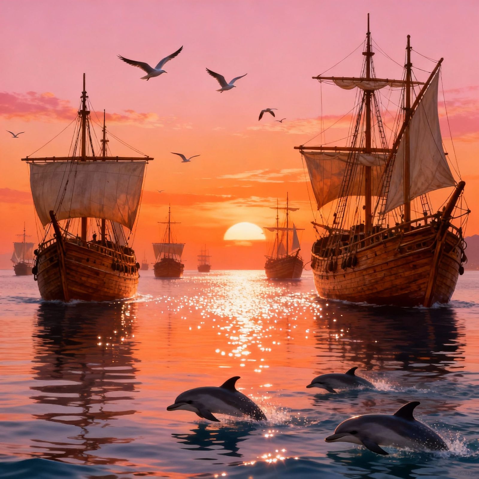 Wooden Ships at Sunset Over Calm Sea with Wildlife