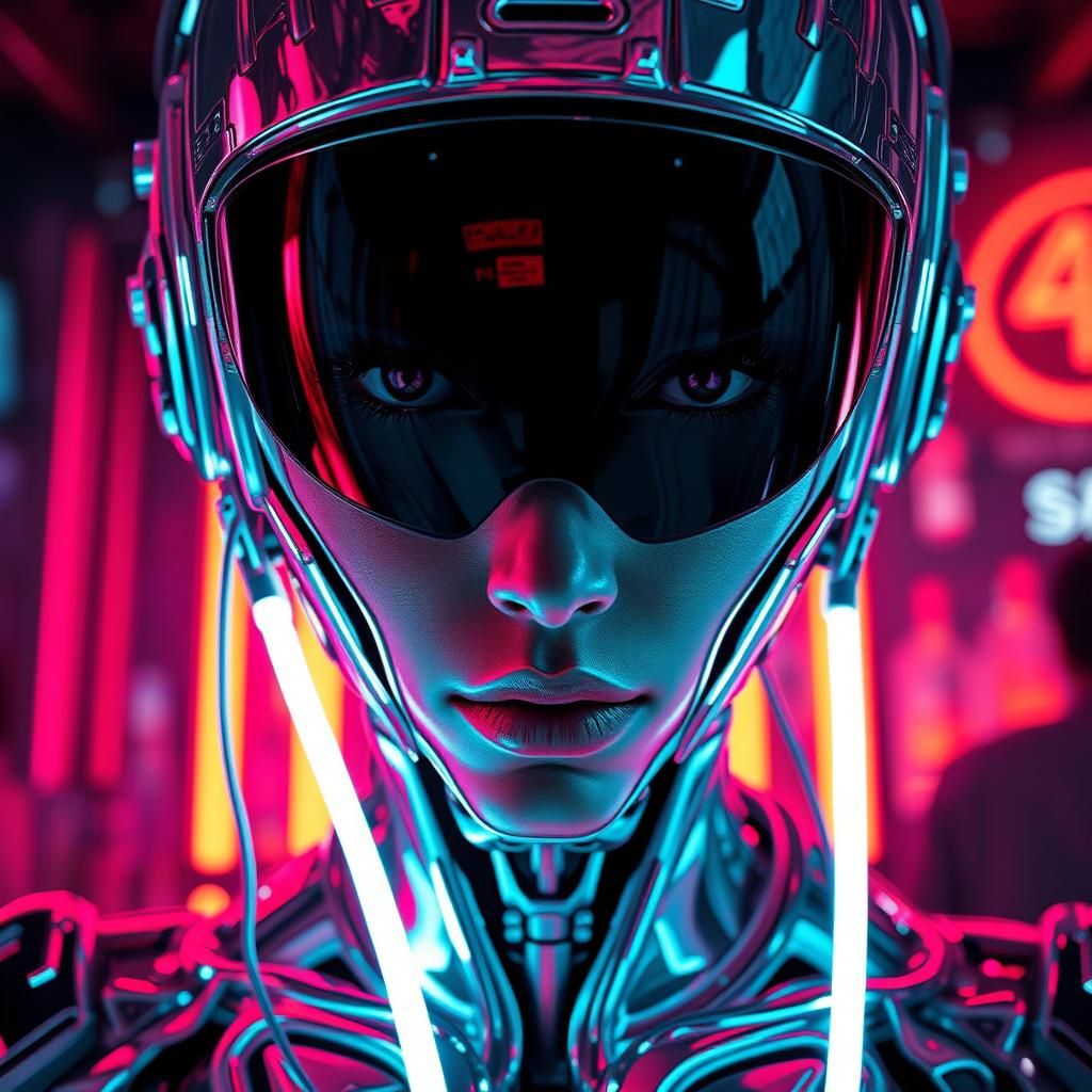 mechanical cybernetic cyborg with neon black mirrored visor ...