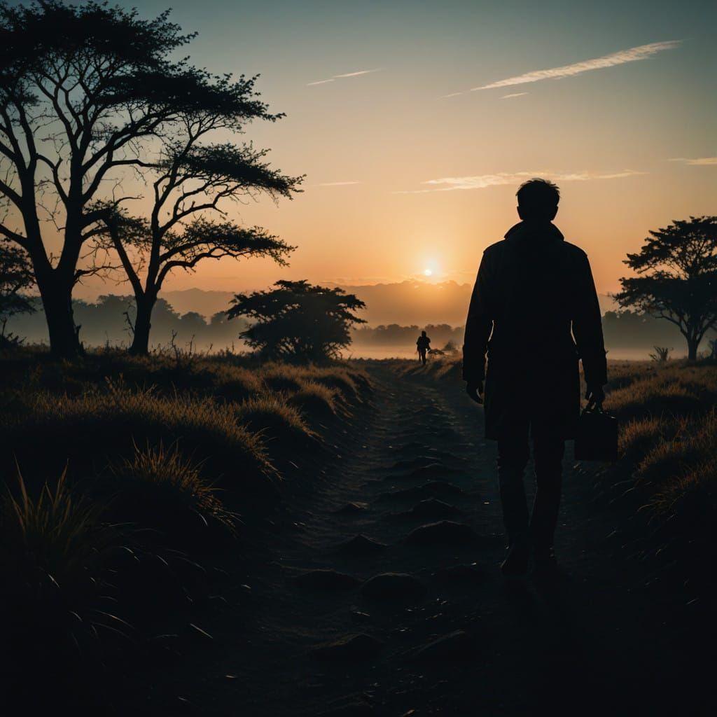 A Man Departing a Familiar Land at Dawn in Cinematic Film St...