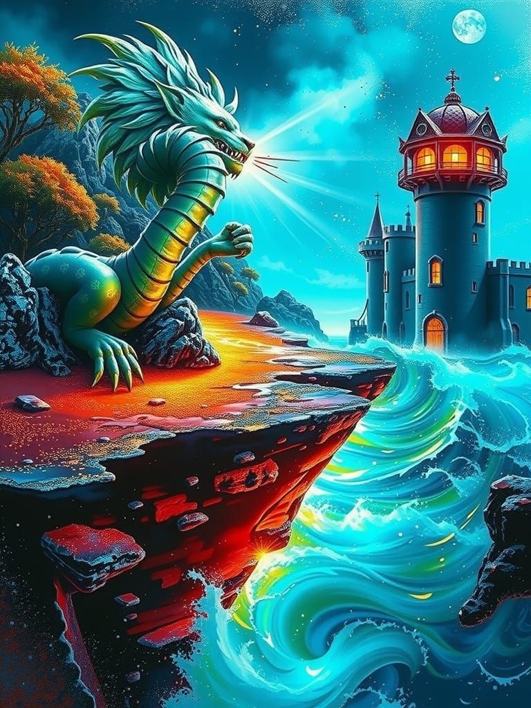 A stately, fairytale-inspired castle with delicate turrets and grandiose architecture, stands proudly atop a vibrant, ir...