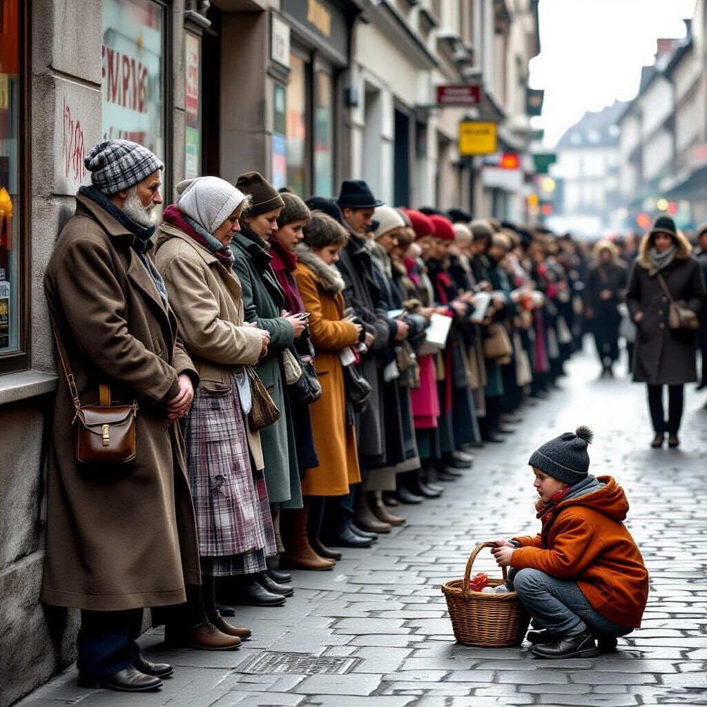 Social Realism Scene of Hungry People at Food Distribution