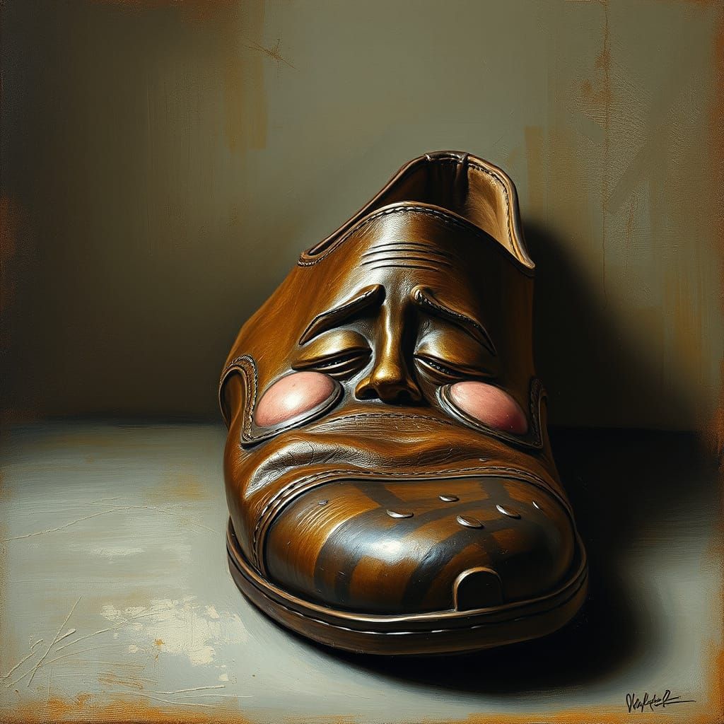 Worn Leather Shoe with Sculpted Face in Oil Painting Style