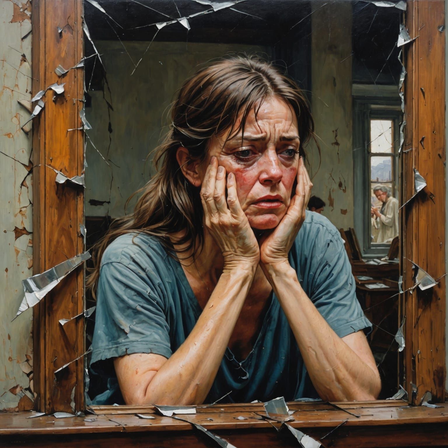 Shattered Reflection: Crying Figure in Oil Painting
