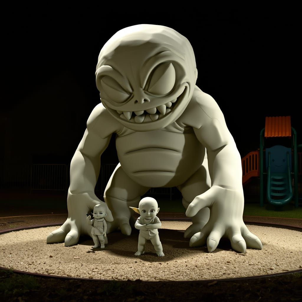 Ominous Clay Figure in Playground Shadows