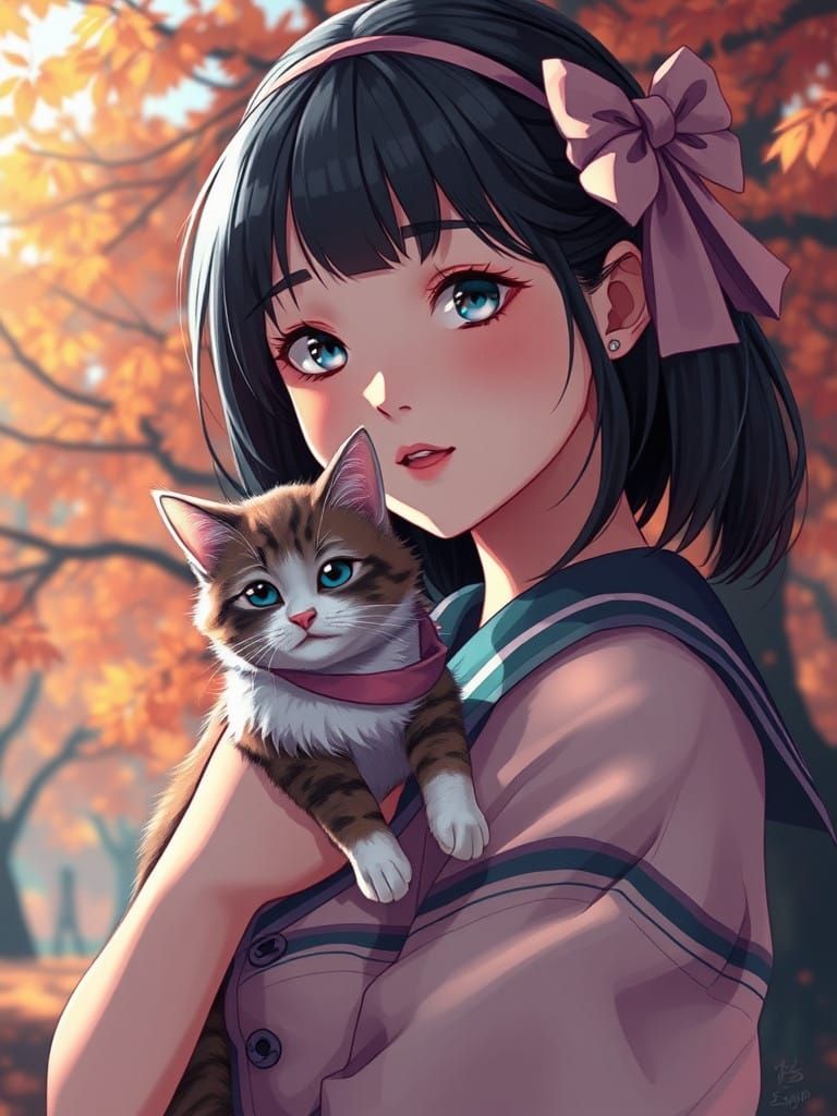 Japanese Retro Portrait of a Girl and Cat in Autumn Park