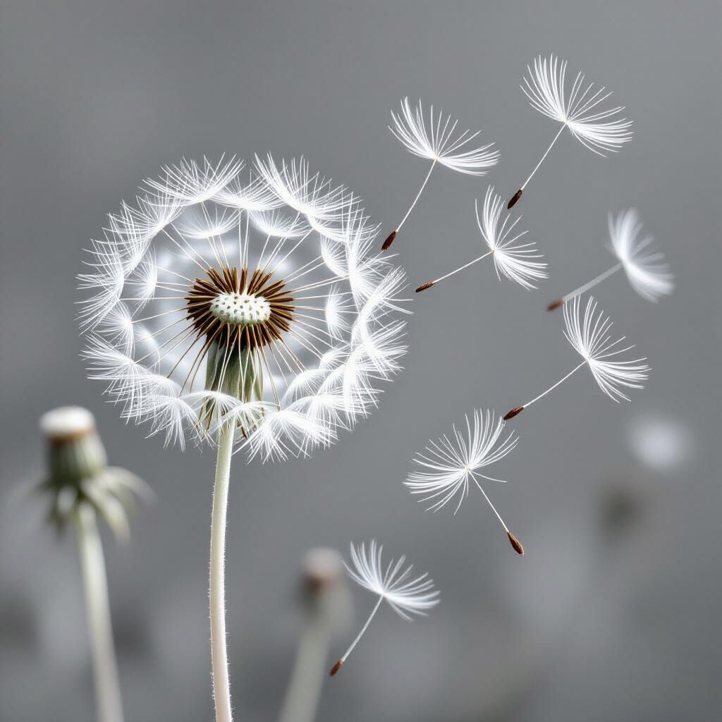 Ethereal Dandelion Seeds in Gentle Breeze: Pencil Sketch