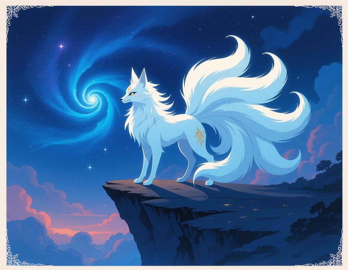 Majestic Kitsune Overlooking Nebula in Cosmic Style