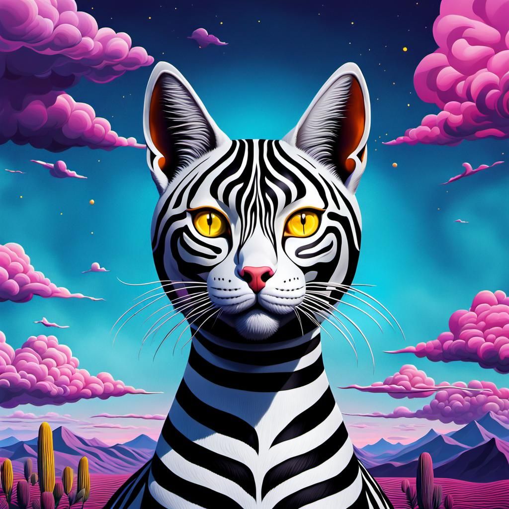 Surreal Cat with Yellow Eyes in Pop Art Style