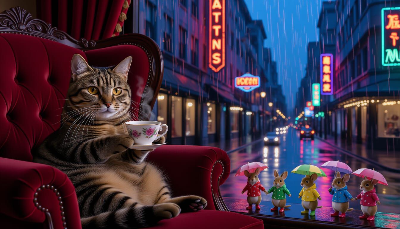 Cat Sips Tea in Luxurious Hollywood Hotel Room