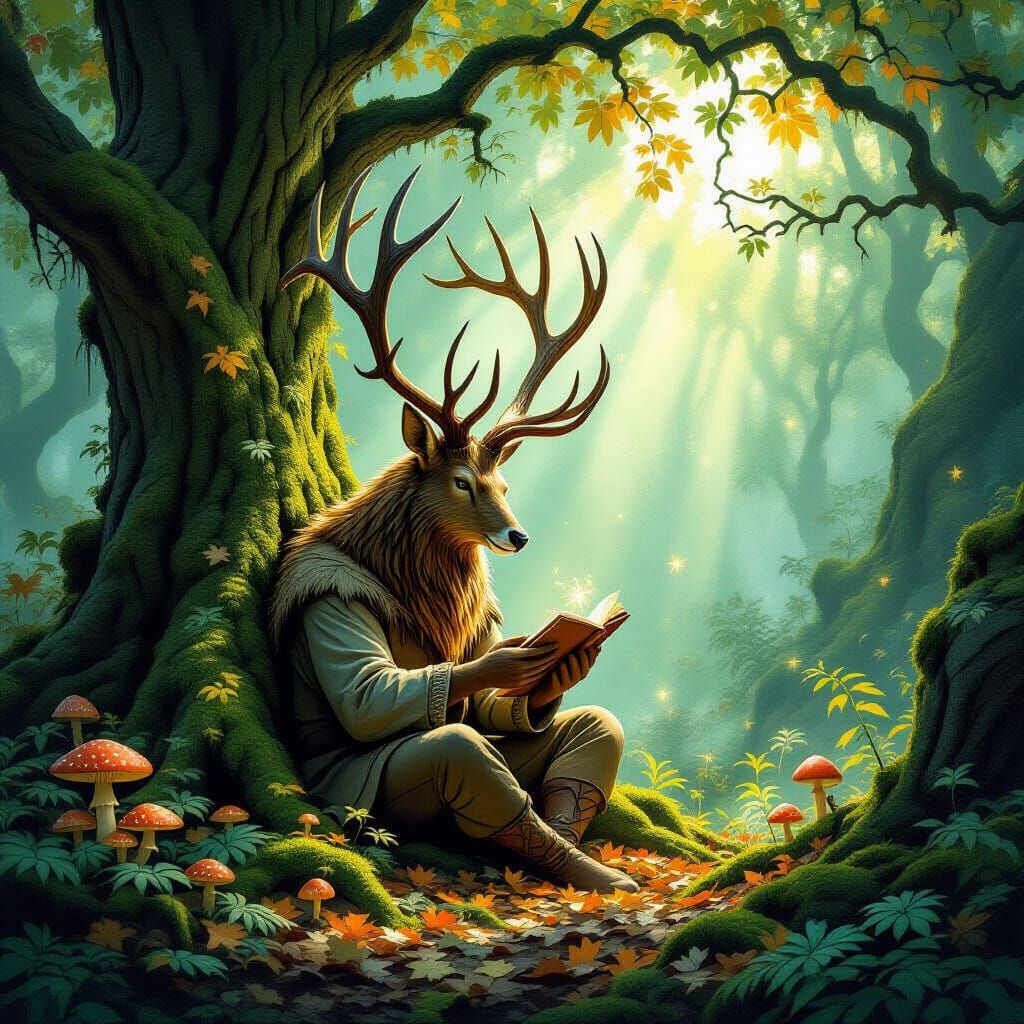 Majestic Stag Carves Mythical Figures in Ancient Forest