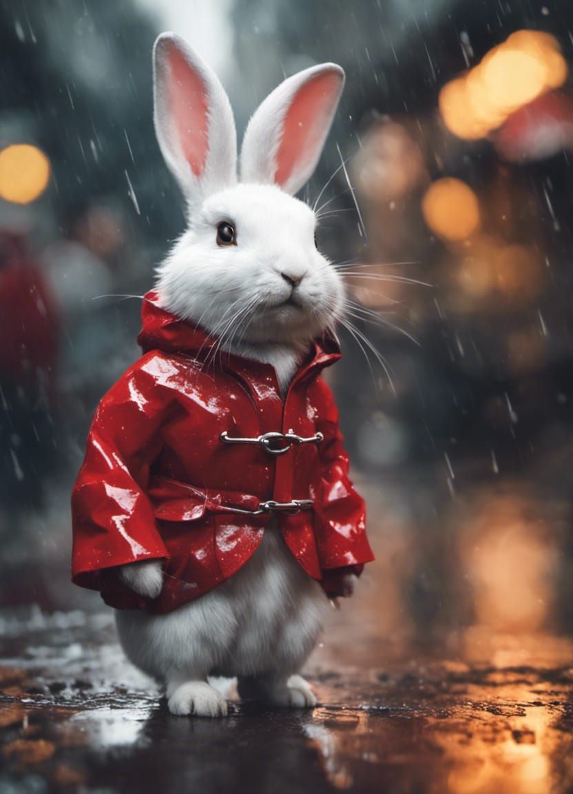 Happy Rabbit in Red Raincoat, Digital Art