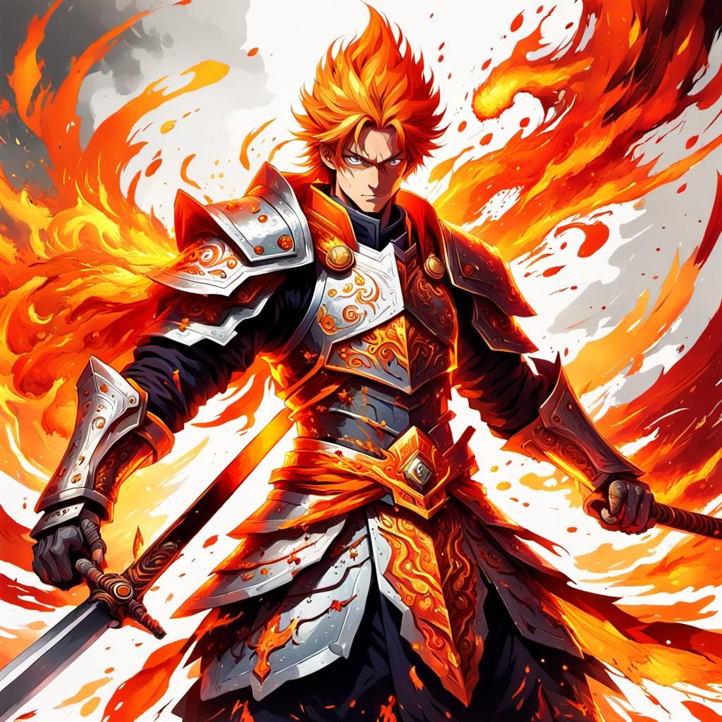 Anime Warrior with Flaming Sword Digital Painting
