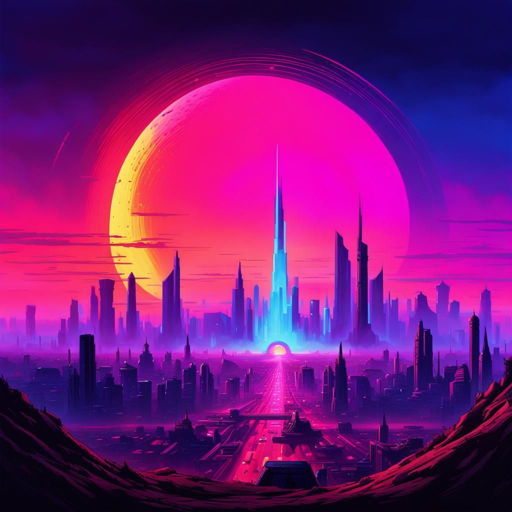 Retro-Futuristic Ruined Cityscape with Glowing Portal