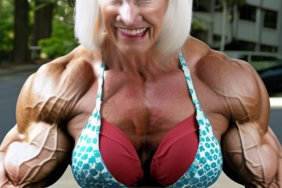 Muscular Bodybuilder Grandma Flexing Ripped Arms