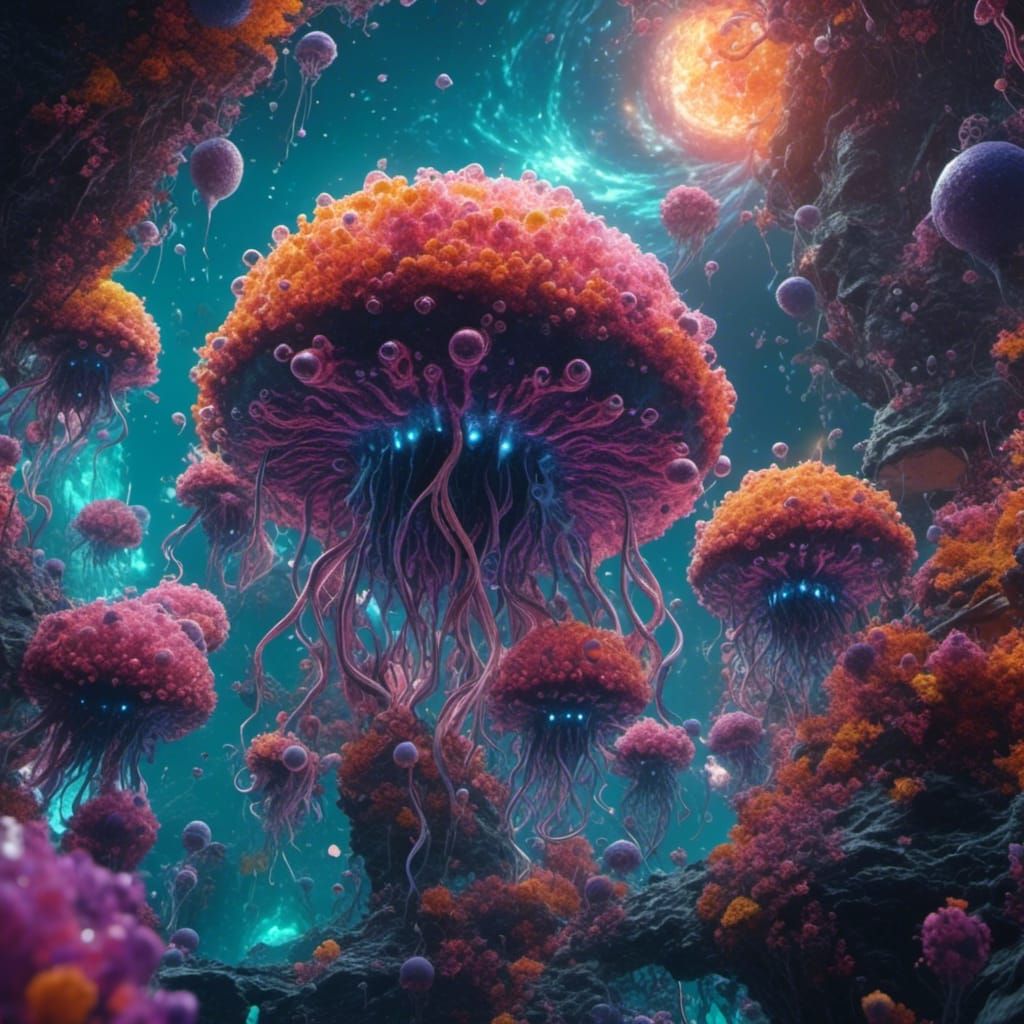 Psychedelic Floating Squids in Detailed Digital Painting