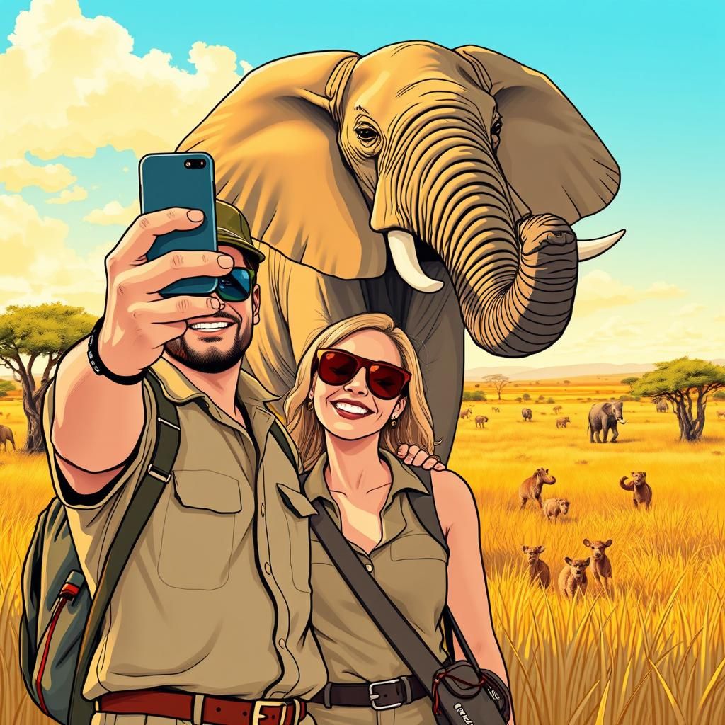 Safari Selfie with Elephant in Comic Art Style