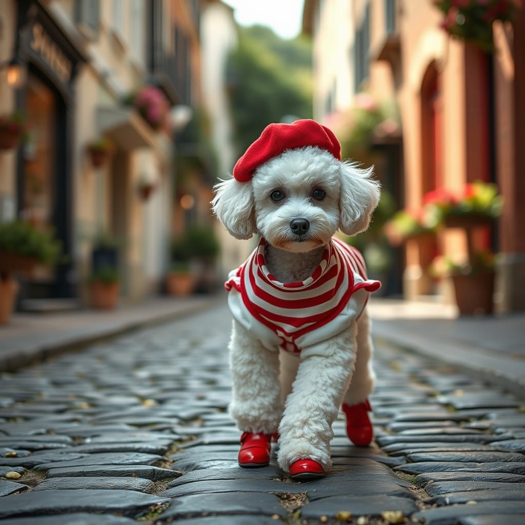 Poodle in Red Beret Walks City Street