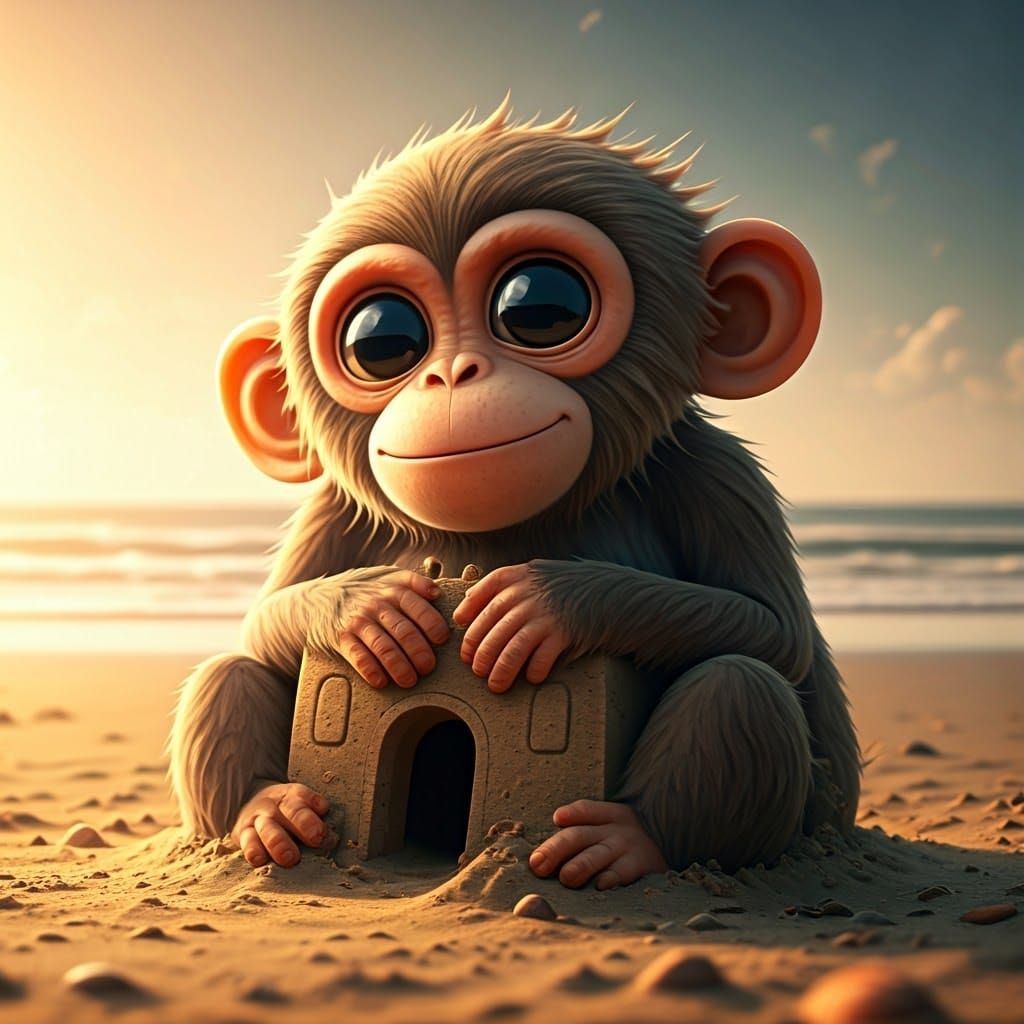 Hyperrealistic Monkey Sand Sculpture on Beach at Sunset