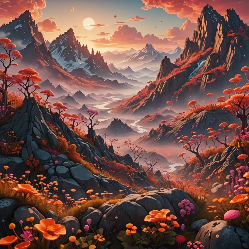 Majestic Mountain Sunrise with Psychedelic Elements