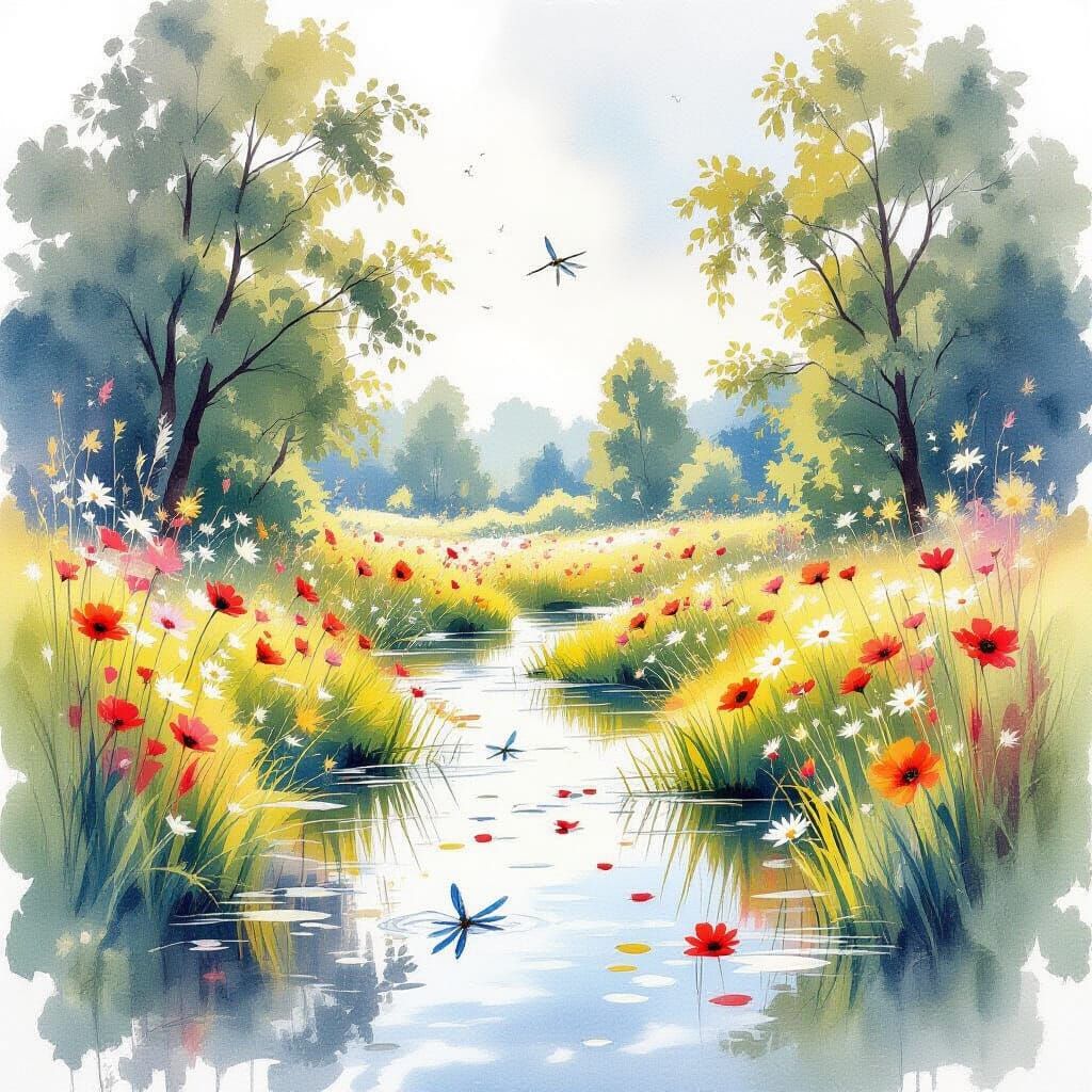 Dragonfly Over Flower Meadow Brook in Watercolor Style