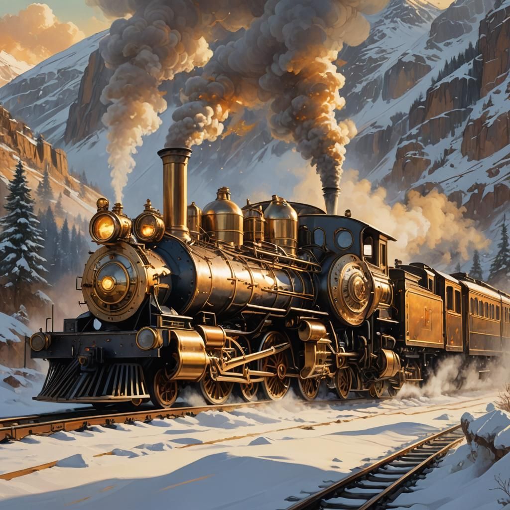 Steampunk Train Amid Snowy Mountains, Fantasy Realism