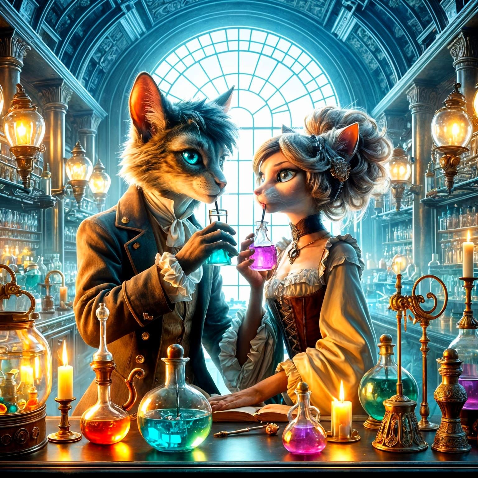 An anthropomorphic cat couple sips potions in a steampunk laboratory. Fantasy art style late 19th, early 20th century.