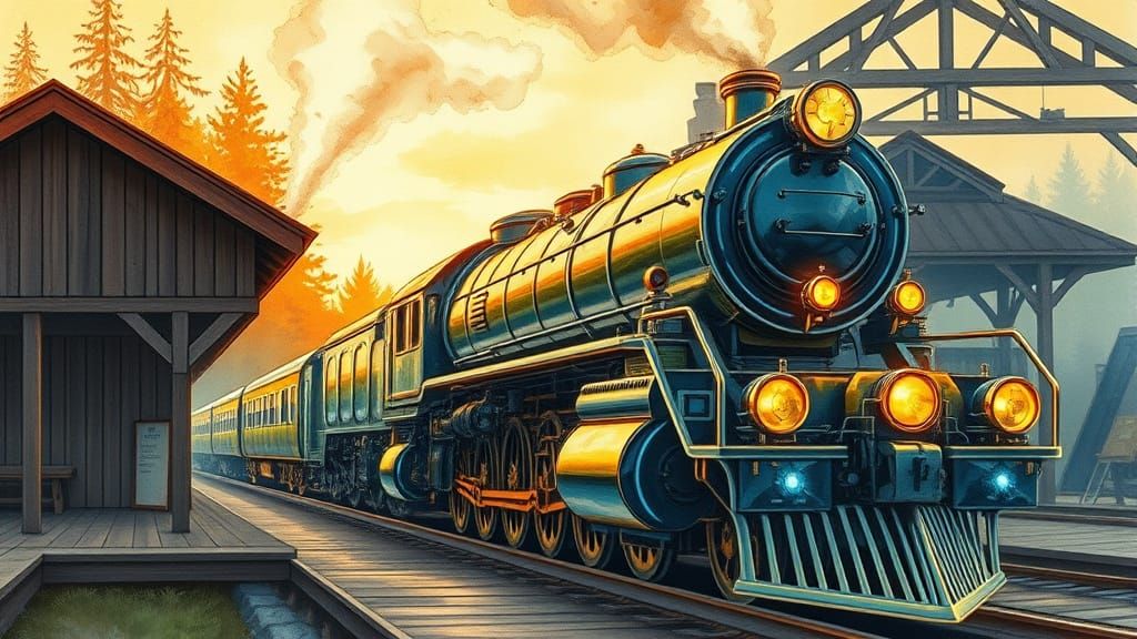 Majestic Glass Steam Locomotive at Rustic Train Station